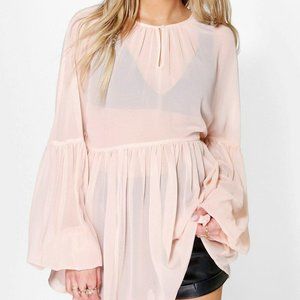 Boohoo NEW Blush Tara Oversized Geogette US 10 Blouson Keyhole Ballon Sleeve Top